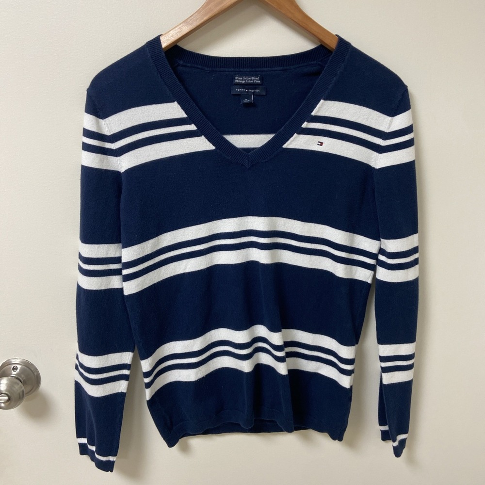 Tommy Hilfiger Women's Navy and White Striped V-Neck Sweater Pima Cotton Blend M